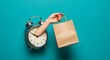 © ekam - Time to Shop: Woman's Hand Emerging from Clock Holding Shopping Bag