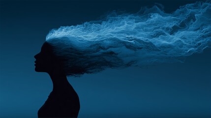 Wall Mural - Silhouette of woman with flowing hair made of smoke against a deep blue background