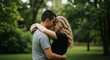 © FahVecStudio - A couple embracing in a park, their foreheads touching, surrounded by lush greenery.