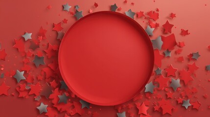 Wall Mural - Vibrant Red Circle Surrounded by Colorful Stars on a Gradient Background for Festive and Creative Designs