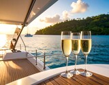Luxury yacht anchored near tropical island, champagne glasses on deck.