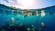 © otra - A disturbing underwater view of a beautiful ocean contaminated with floating plastic waste and garbage, highlighting the global environmental crisis