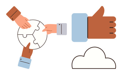 Wall Mural - Three hands assembling puzzle pieces symbolizing collaboration, thumbs-up for approval and positivity, and cloud shape representing abstract ideas thumbs up cloud storage and innovation. Ideal
