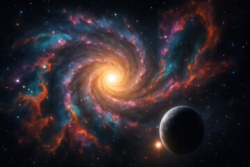 Wall Mural - Spiral galaxy and radiant nebula swirling beside a luminous planet deep space vista