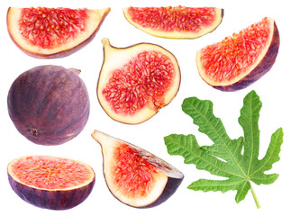 Wall Mural - Fresh ripe figs and green leaf isolated on white, set. Whole and sliced