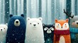 © Dawna - Cute cartoon animals stand together in a snowy forest winter scene.