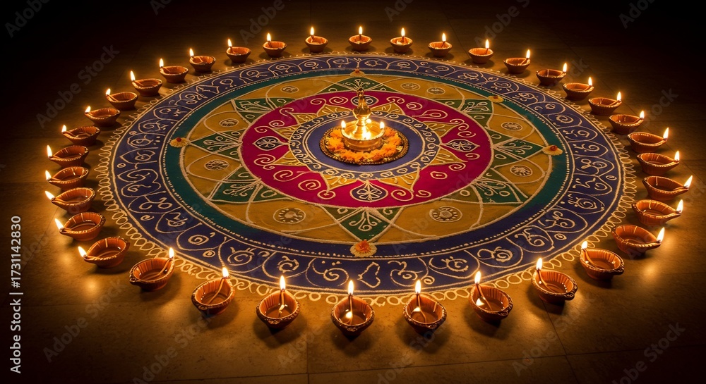 Lit clay oil lamps encircle a colorful rangoli design on the floor ...