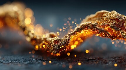 Abstract golden glowing organic form on a dark surface with bokeh lights.