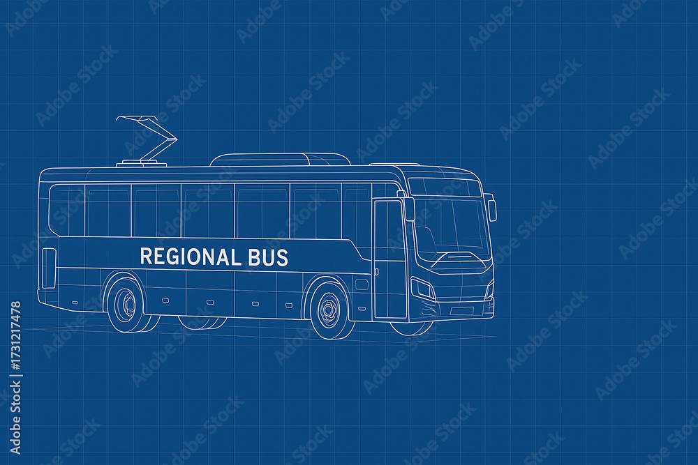 Technical blueprint illustration of a modern regional electric bus, a ...