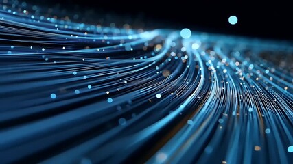 Wall Mural - Abstract blue and orange flowing lines with glowing particles creating a dynamic digital background