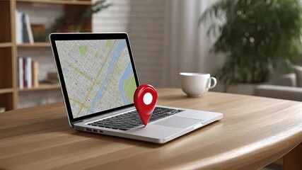 Laptop displays a map overlaid with a red location marker coffee cup sits nearby on a light wooden desk