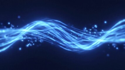 Luminous blue waves float on a dark backdrop dotted with sparkling light particles