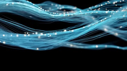 Wall Mural - Abstract blue light waves with glowing particles creating a dynamic visual effect against a dark background