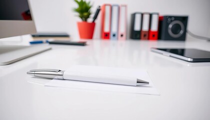 Wall Mural - Sleek white pen rests on pristine white office desk, cleanliness, professional