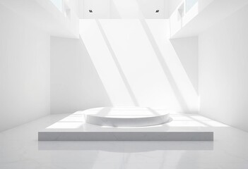 Wall Mural - Minimalist white room, marble podium, sunbeams ,  blank,  presentation