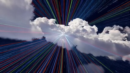 Wall Mural - Abstract depiction of colorful light rays emerging from fluffy clouds against a deep blue background