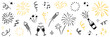 © Polina Tomtosova - Fireworks new year set. Hand drawn vector elements with doodle golden confetti, firecracker and festive sparkle for birthday, party, or new year celebration. Gold firework vector illustration