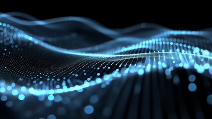 Wall Mural - Abstract representation of glowing blue waves and particles flowing in a dark background, creating depth
