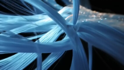 Wall Mural - Abstract representation of flowing blue fibers with glowing particles against a dark background