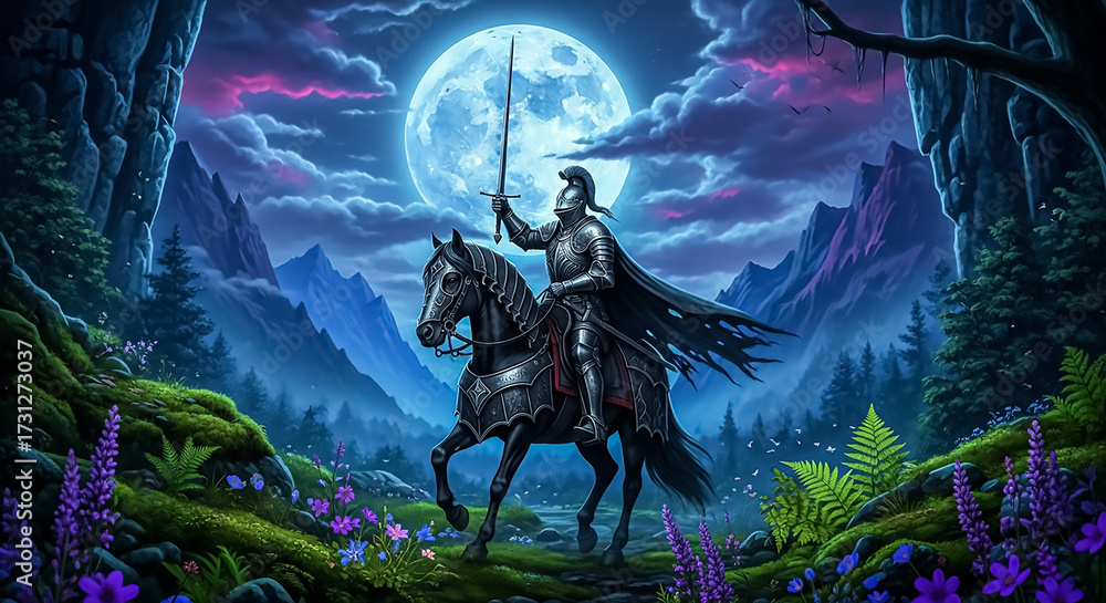 Dark Romantic Fantasy Knight on Black Horse – Mystical Nocturnal ...