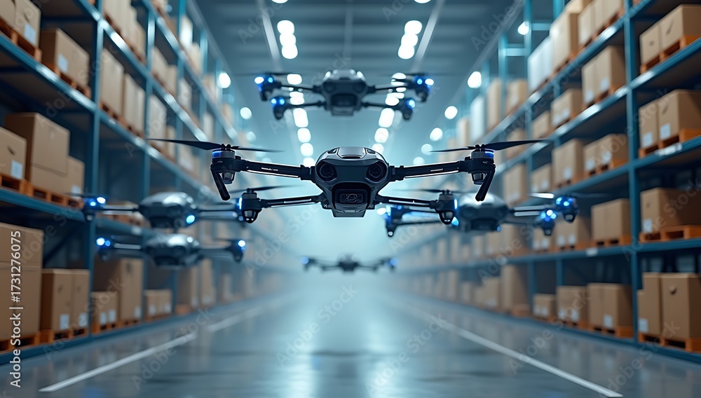 Fleet of autonomous drones flying inside a futuristic warehouse ...
