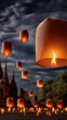 © visoot - Floating lantern night sky festival temple glowing light celebration cultural tradition peaceful Thailand clouds