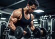 © franxxlin_studio - Indian muscular man wearing a black tank top is intensely lifting dumbbells in a modern gym with visible equipment and strong lighting enhancing his physique