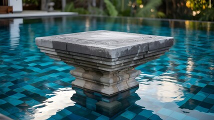 modern abstract water fountain with geometric cubic shape, crystal clear splashes frozen in motion, 