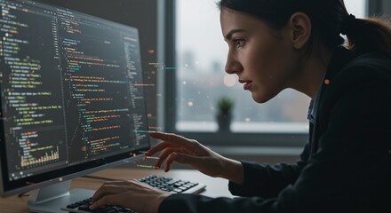 Software developer working on a laptop, with hands on the keyboard and mouse, writing code on the screen.Concept of software development and digital programming.
