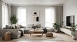 © Dimas - Modern minimalist living room interior with a light grey L-shaped sectional sofa, wooden coffee table, large software, and potted plants, showcasing a serene design.