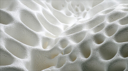 A detailed macro view of an abstract white porous surface with a complex network of holes and soft undulating curves