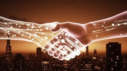 Digital handshake over cityscape representing business connections and technology