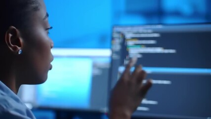 Woman working with computer monitor coding and analyzing data