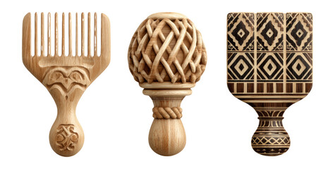 Unique Wooden Comb and Decorative Object Collection with Intricate Designs