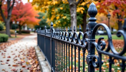 an autumnal scene in a park. a metal fence runs along the edge of the frame, separating the viewer f