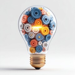 Canvas Print - Glowing Lightbulb with Colorful Gears in 3D Render Design