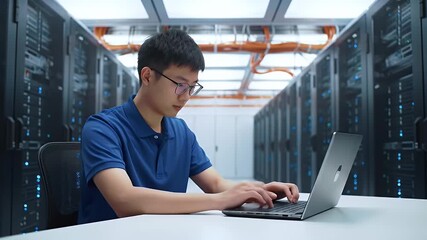 Asian Data Center Technician Works on Laptop in Server Room With Blue Polo Shirt Manages It Infrastructure Rows of Servers and Cables for Cloud Computing Network Administration and Cybersecurity