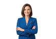© Vectarica - Professional businesswoman smiling portrait in blue suit with arms crossed png image for presentations and designs, isolated on transparent background