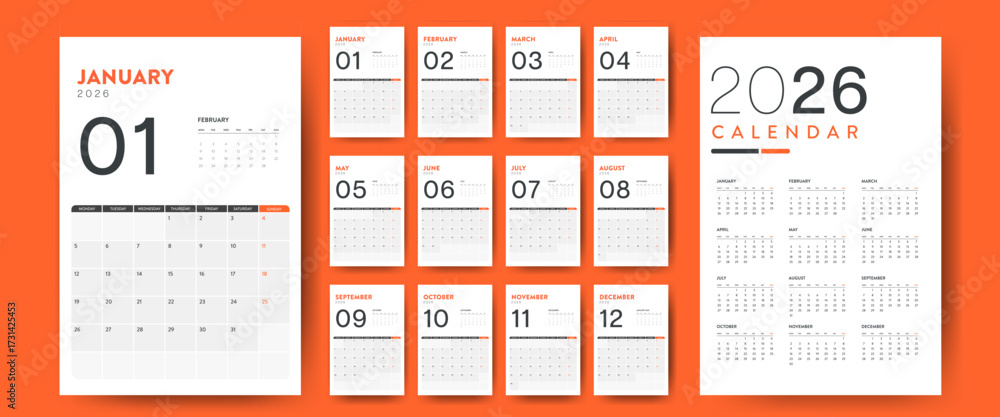 2026 Creative minimal business monthly Calendar template vector. Desk ...