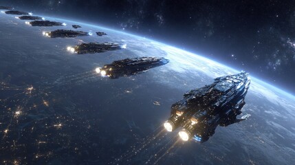 Wall Mural - Fleet of spaceships orbiting a planet with illuminated cities below