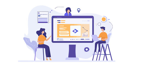Team collaboration on software development and web design with coding interface, developers using laptops in modern office workspace flat vector illustration