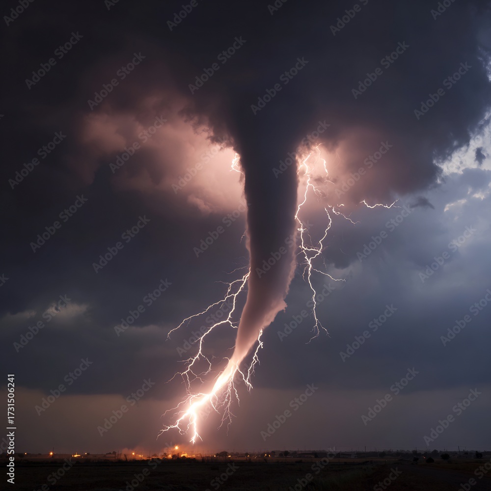 Tornado with multiple lightning strikes during a severe thunderstorm at ...