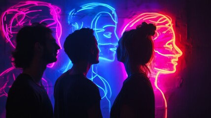 Sticker - Neon silhouettes illuminate the connection between individuals. This vibrant design captures the essence of communication and creativity. Explore modern art. Generative AI