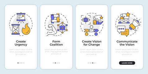 Wall Mural - Kotter change management model onboarding mobile app screen. Corporate. Walkthrough 4 steps editable graphic instructions with linear concepts. UI, UX, GUI. Montserrat SemiBold, Regular fonts used
