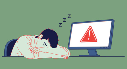 Exhausted developer sleeping at desk with error message on computer screen illustration