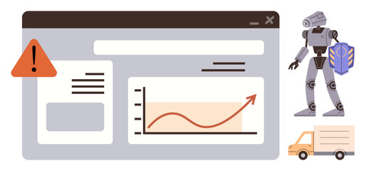 Digital dashboard with graph shows growth trend, alert signal, AI robot, delivery truck. Ideal for technology, logistics, automation, analytics growth innovation transportation. Simple flat