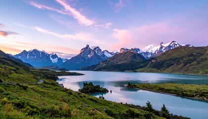  Scenic vista showcases a breathtaking panorama of a serene lake nestled amidst majestic snow-capped mountains, under a sky painted with soft pastel hues during the golden hour, evoking tranquility.