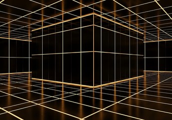 Illuminated golden grid structure in a dark space, showcasing architectural precision and glowing line intersection
