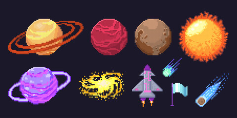 Wall Mural - Pixel planet set for space game assets - Saturn with rings, red Mars, brown Mercury and burning Sun. Purple gas giant, yellow spiral galaxy, rocket ship with pink flames and blue comet trail icons