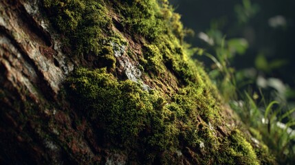 Close-up of vibrant green moss covering textured tree bark in a serene forest setting.
